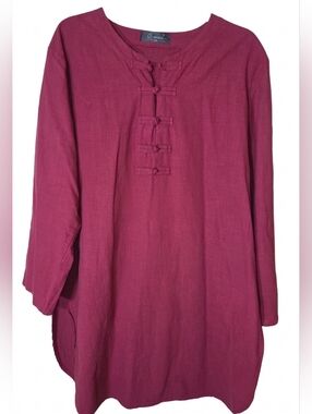 Red Cotton Tunic 3X | Frog Button Detail | Relaxed Fit Top